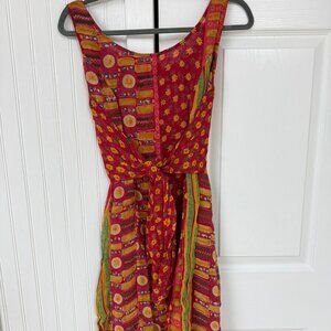 Sleeveless Patchwork Red Bohemian Tie Dress - Kantha Style - Vintage - Size S